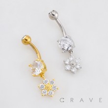 MULTI CZ 6 PETAL FLOWER DANGLE BELLY BUTTON NAVEL RING 316L SURGICAL STEEL